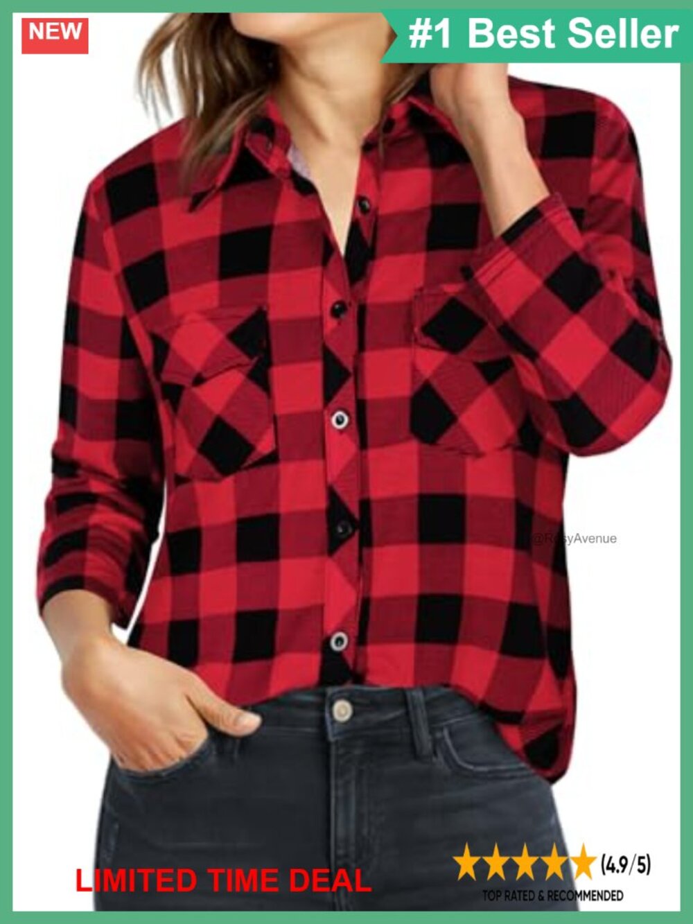 Womens Plaid Button Down Blouse 3/4 Sleeve Tunic Top Collared